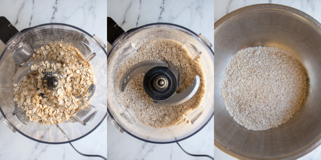Processing oats in a the food processor to make a sand like texture with the oats for black bean burgers.