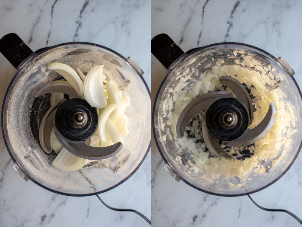 A food processor with minced onions for black bean burgers.