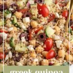 Pinterest pin with text overlay "Greek Quinoa Chickpea Salad", image of a white bowl filled with greek quinoa salad with chickpeas.