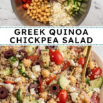 Pinterest pin with text overlay "Greek Quinoa Chickpea Salad", image of a white bowl filled with greek quinoa salad with chickpeas.