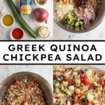 Pinterest pin with text overlay "Greek Quinoa Chickpea Salad", image of a white bowl filled with greek quinoa salad with chickpeas.