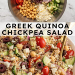 Pinterest pin with text overlay "Greek Quinoa Chickpea Salad", image of a white bowl filled with greek quinoa salad with chickpeas.