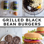 Pinterest pin with text overlay "Grilled Black Bean Burgers", image of a grilled black bean burger in a bun.