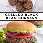 Pinterest pin with text overlay "Grilled Black Bean Burgers", image of a grilled black bean burger in a bun.