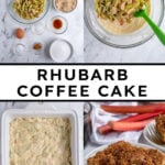 Pinterest pin with text overlay "Rhubarb Coffee Cake", image of slice of rhubarb coffee cake on a plate.