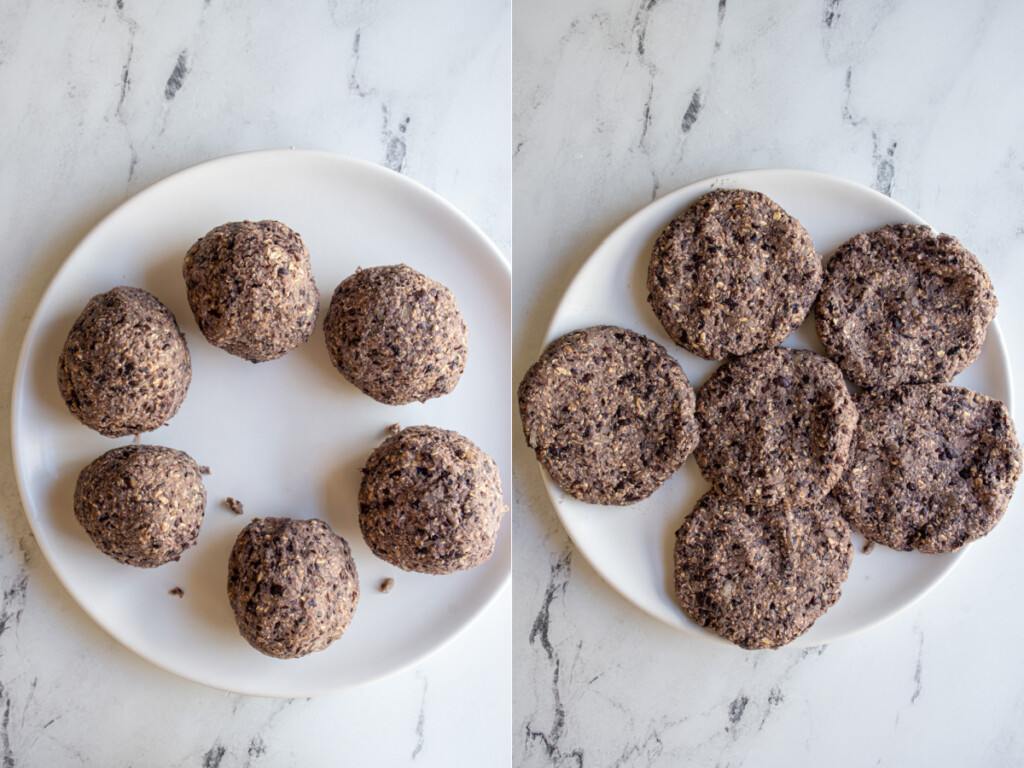 A white plate with the black bean mixture evenly put into 6 balls and then made into 6 black bean burger patties.
