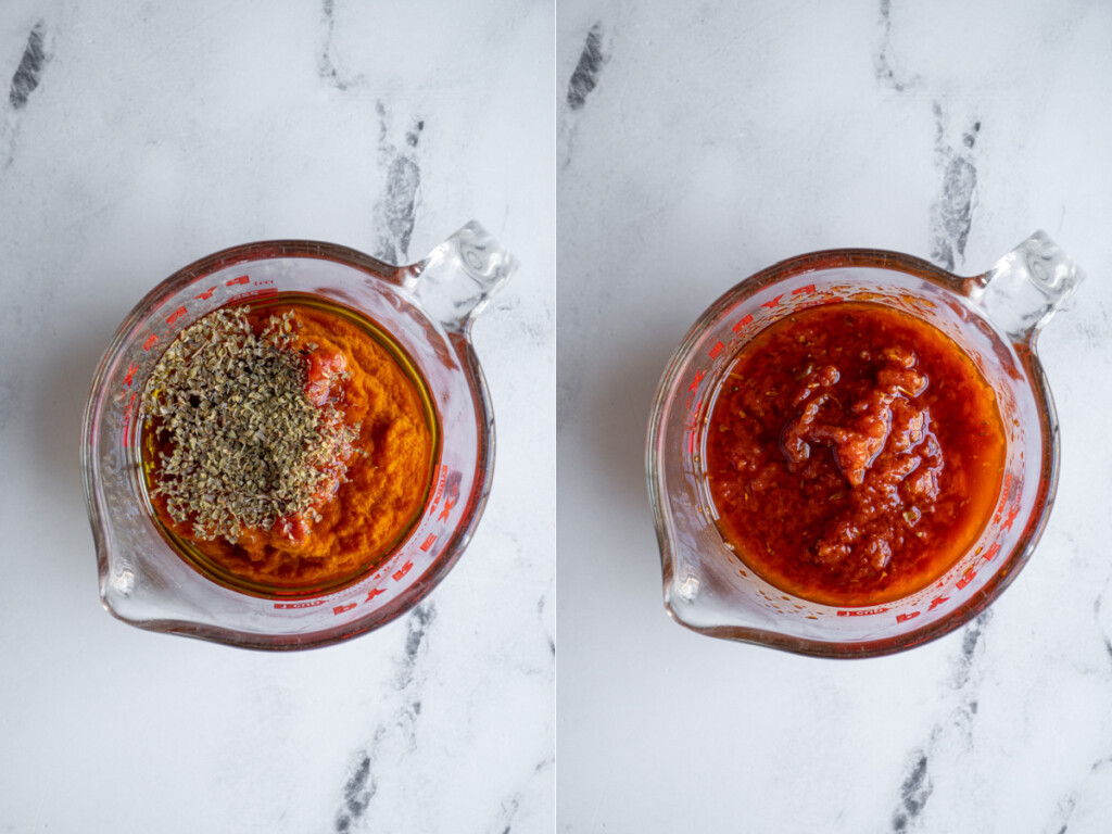 Steps of making the dressing for the pizza pasta salad.