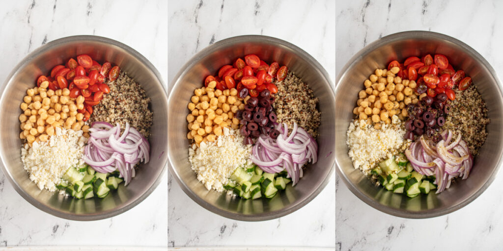 Making greek quinoa chickpea salad steps two in a stainless steel bowl.