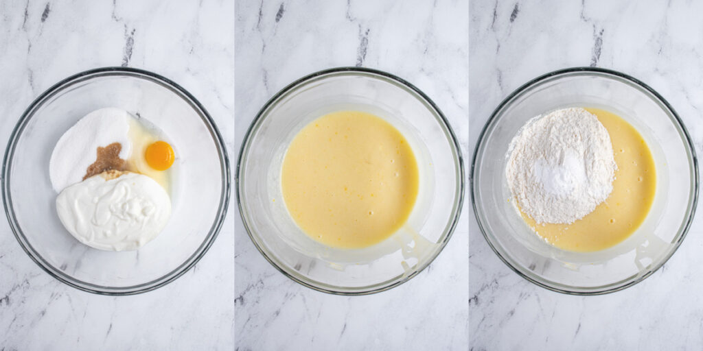Collage with the first steps showing how to make rhubarb coffee cake.