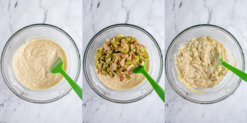 Collage with the second steps showing how to make rhubarb coffee cake.