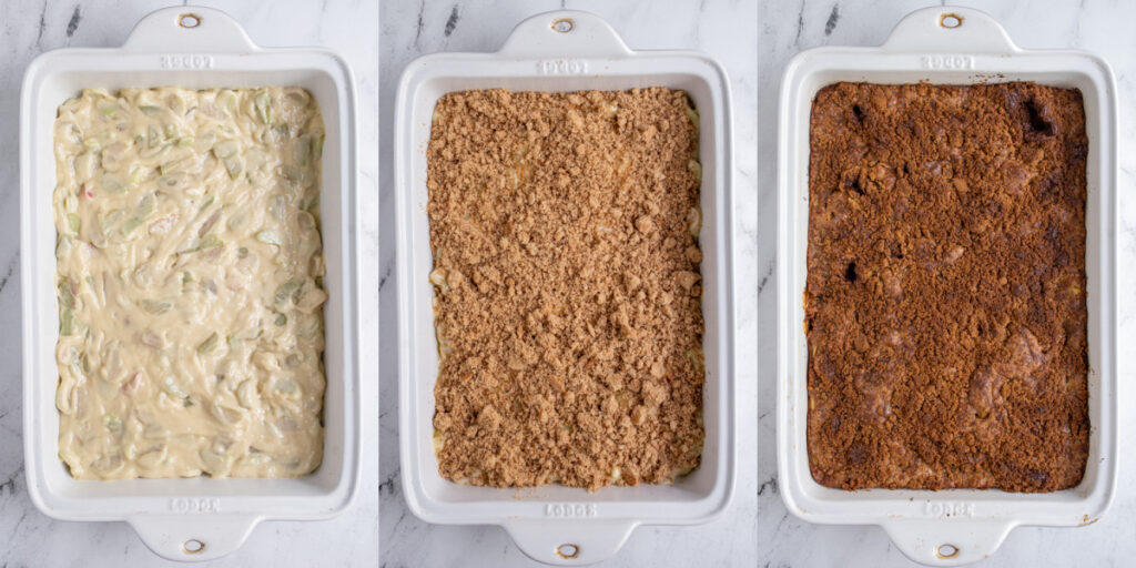 Collage with the final steps showing how to make rhubarb coffee cake.