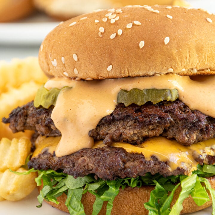 A double burger dripping with homemade Big Mac sauce.