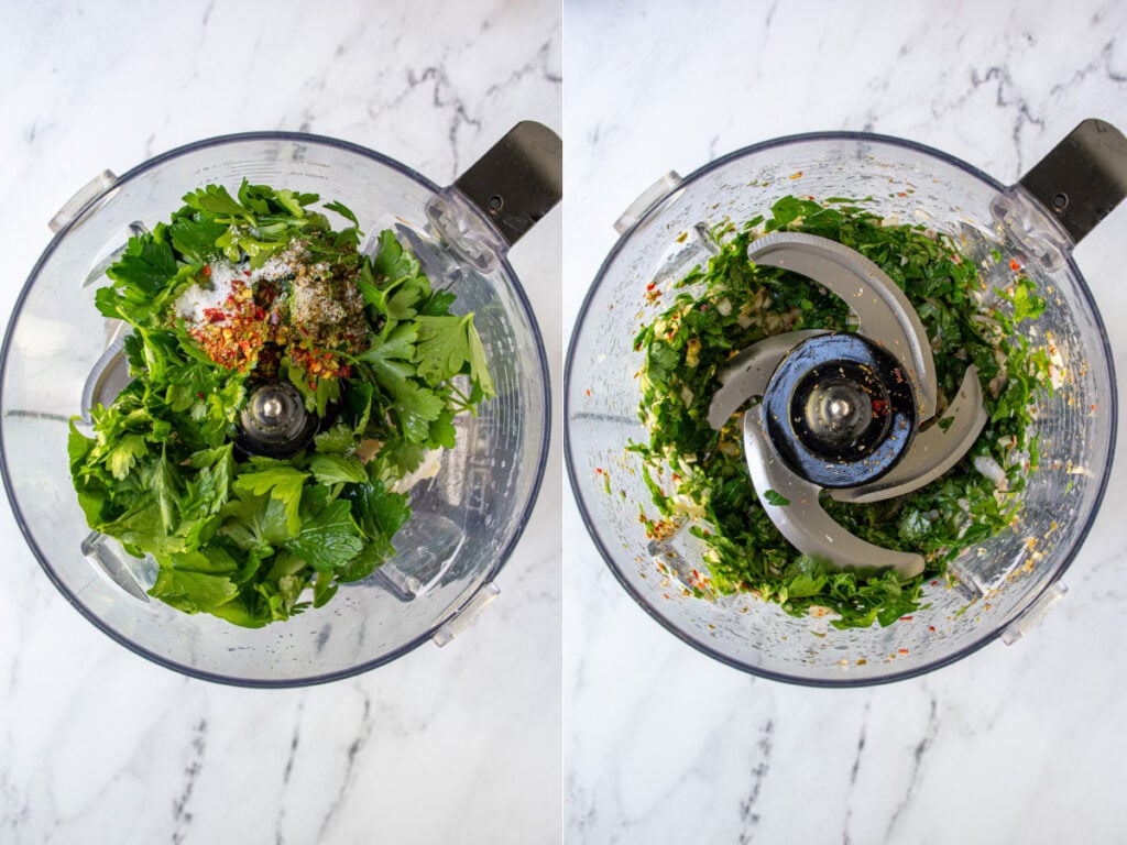 A food processor with the ingredients to make chimichurri sauce.