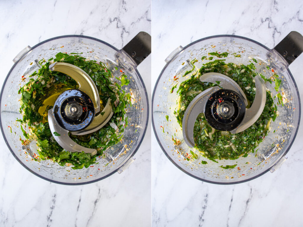 A food processor with chopped up chimichurri ingredients.