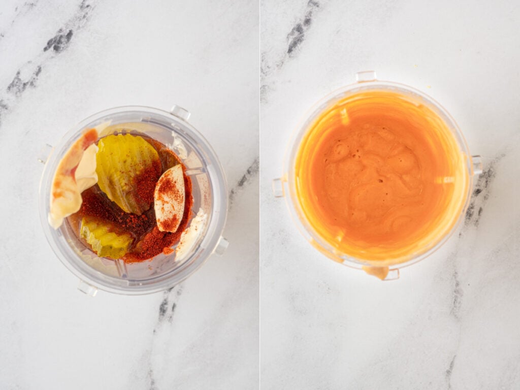 Ingredients inside a blender and once it is all blended up making Big Mac sauce.