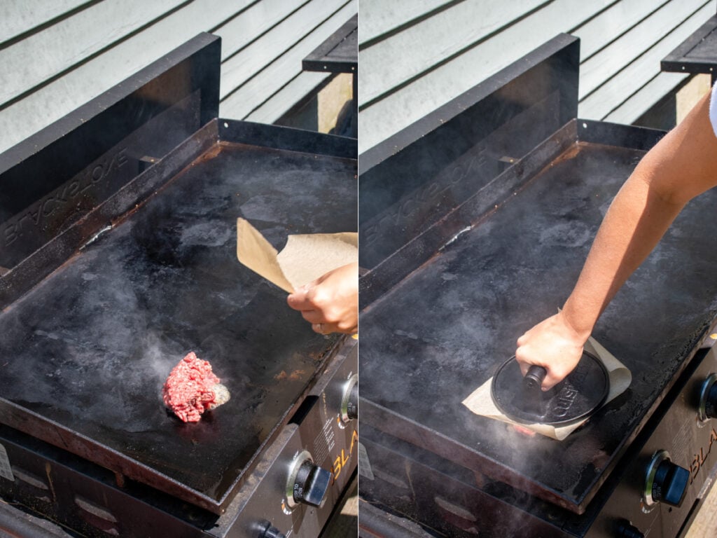 Making smash burgers on the blackstone showing putting the ground beef down and with parchment paper being smashed down until thin.