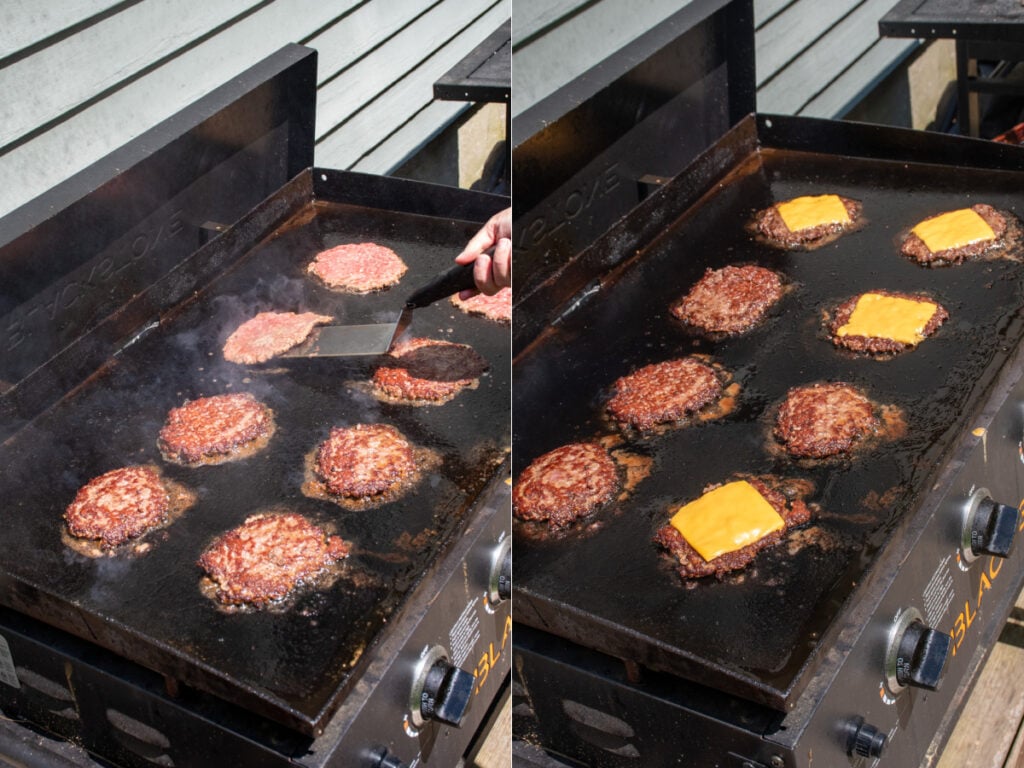 Making smash burgers on the blackstone showing them being flipped after 2 minutes and cheese on them.