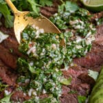 Pinterest pin with text overlay "Chimichurri Recipe", image of chimichurri being spooned onto grilled meat.