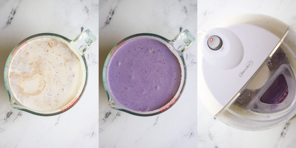 Ice cream base for blueberry ice cream in a measuring cup and an ice cream maker.