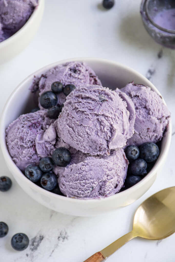 Close up of homemade blueberry ice cream in a bowl with fresh blueberries.
