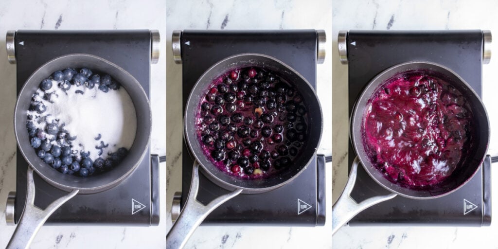Cooking blueberries and sugar together to make a jammy mixture before adding it the the ice cream base.