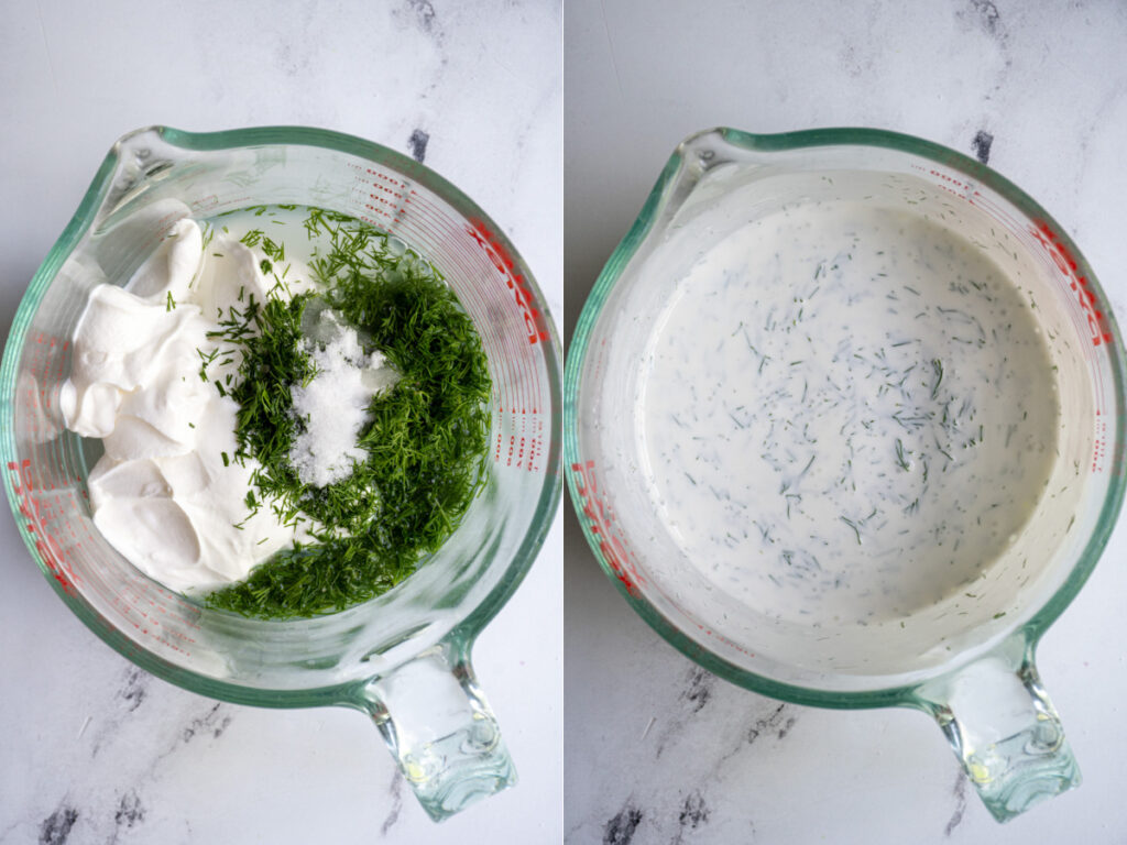 Making dressing for creamy cucumber salad in a large measuring glass.