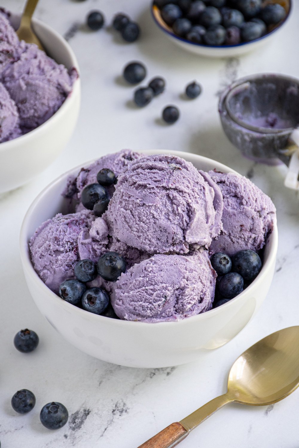 A white bowl with blueberry ice cream a and fresh blueberries.