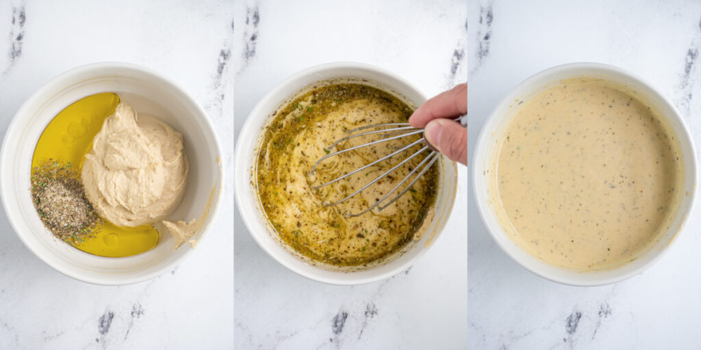 A collage showing hummus salad dressing being mixed together.