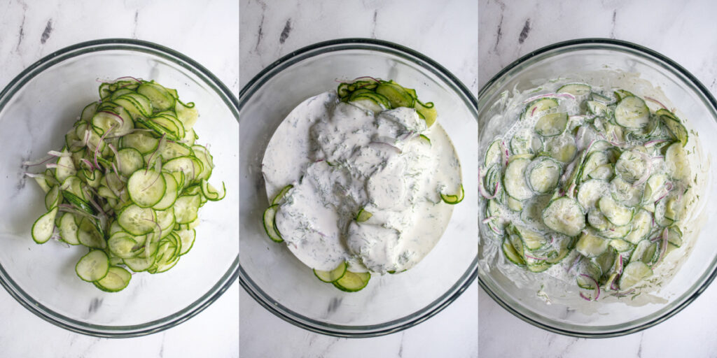 The steps sowing mixing the salted cucumber with the dressing to make creamy cucumber salad.
