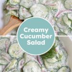 Pinterest Pin with text overlay "Creamy Cucumber Salad" image of a white bowl filled with creamy cucumber salad with dill.