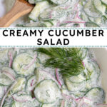 Pinterest Pin with text overlay "Creamy Cucumber Salad" image of a white bowl filled with creamy cucumber salad with dill.