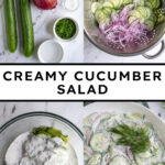 Pinterest Pin with text overlay "Creamy Cucumber Salad" image of a white bowl filled with creamy cucumber salad with dill.