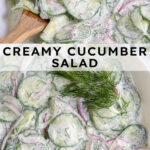 Pinterest Pin with text overlay "Creamy Cucumber Salad" image of a white bowl filled with creamy cucumber salad with dill.