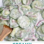 Pinterest Pin with text overlay "Creamy Cucumber Salad" image of a white bowl filled with creamy cucumber salad with dill.