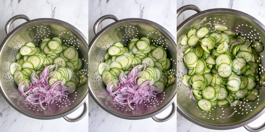 A collage showing the cucumbers and red onion being salted in a colander to prep for creamy cucumber salad.