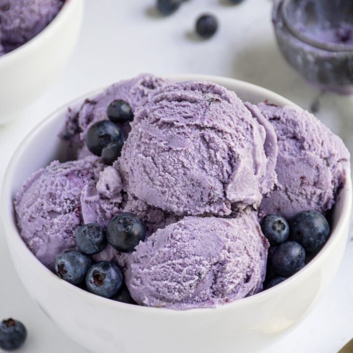 Scoops of homemade blueberry ice cream in a white bowl with fresh blueberries.