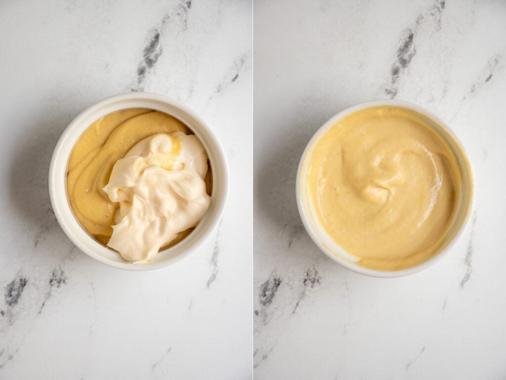 Making a dijon mustard mayo mixture in a small bowl.