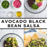 Pinterest Pin with text overlay "Avocado Black Bean Salsa", image of a white bowl with black bean avocado salsa and tortilla chips.