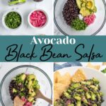 Pinterest Pin with text overlay "Avocado Black Bean Salsa", image of a white bowl with black bean avocado salsa and tortilla chips.