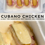 Pinterest pin with text overlay "Cubano Chicken, like the sandwich bur baked on chicken", image of a chicken breast topped with cuban sandwich toppings and baked.