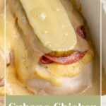 Pinterest pin with text overlay "Cubano Chicken, like the sandwich bur baked on chicken", image of a chicken breast topped with cuban sandwich toppings and baked.