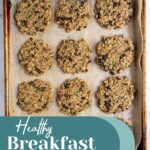 Pinterest Pin with text overlay "healthy breakfast cookie", image of banana oat cookie with seeds and raisins.