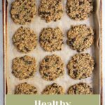 Pinterest Pin with text overlay "healthy breakfast cookie", image of banana oat cookie with seeds and raisins.