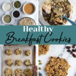 Pinterest Pin with text overlay "healthy breakfast cookie", image of banana oat cookie with seeds and raisins.