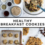 Pinterest Pin with text overlay "healthy breakfast cookie", image of banana oat cookie with seeds and raisins.