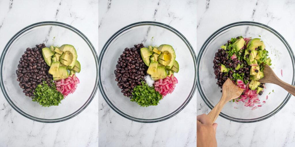 Bowl showing the steps of adding cilantro and salt and mixing avocado black bean salsa.