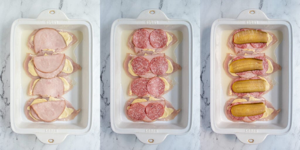 Steps to make cubano chicken bake adding the deli meats and pickles to the chicken.