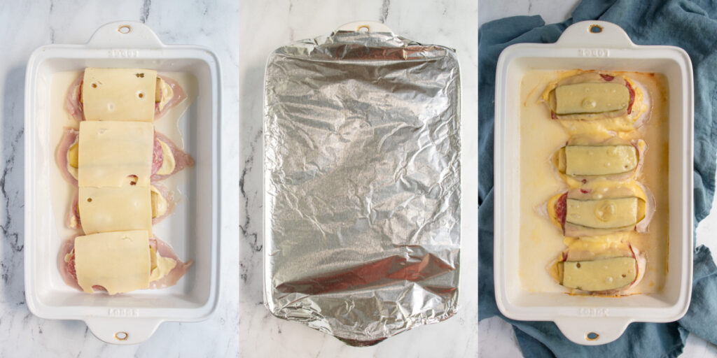 The final steps of making cubano chicken bake adding the swiss cheese, covering with aluminum foil, and baking.