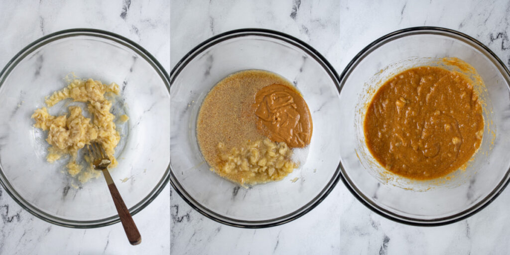 Collage showing the steps of mashing banana, and adding in the wet ingredients to make breakfast cookies.