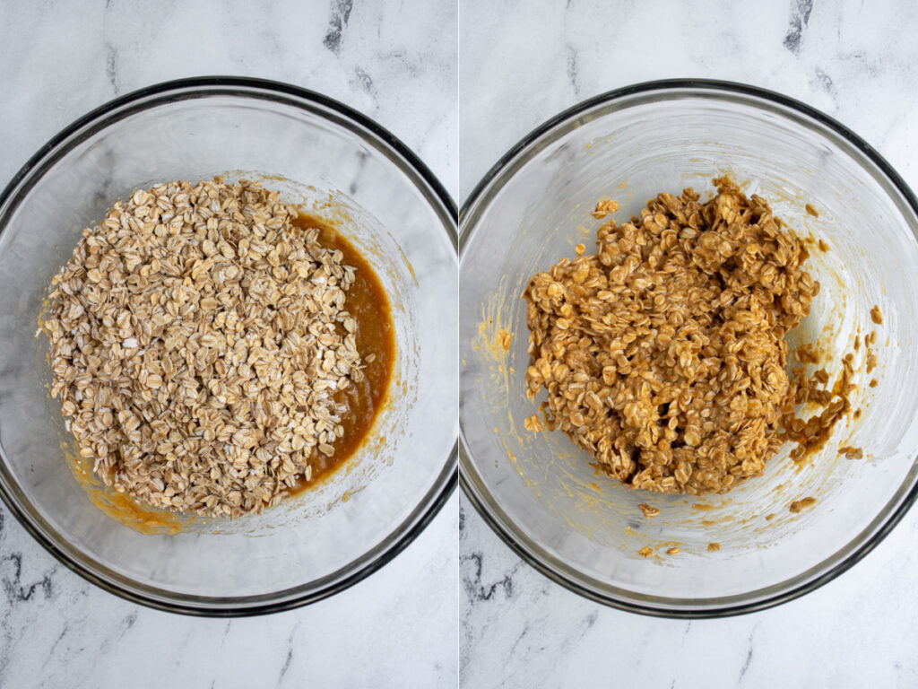 A collage showing adding the oats to the wet ingredients to make batter for breakfast cookies.